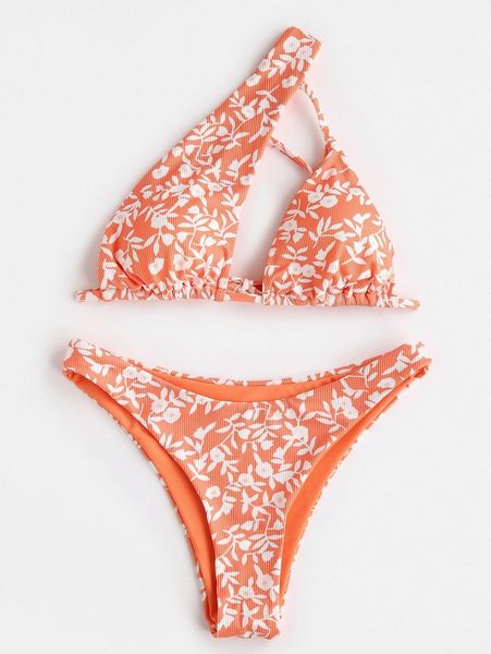 

plant print ribbed one shoulder bikini swimsuit y0bw#, White;black