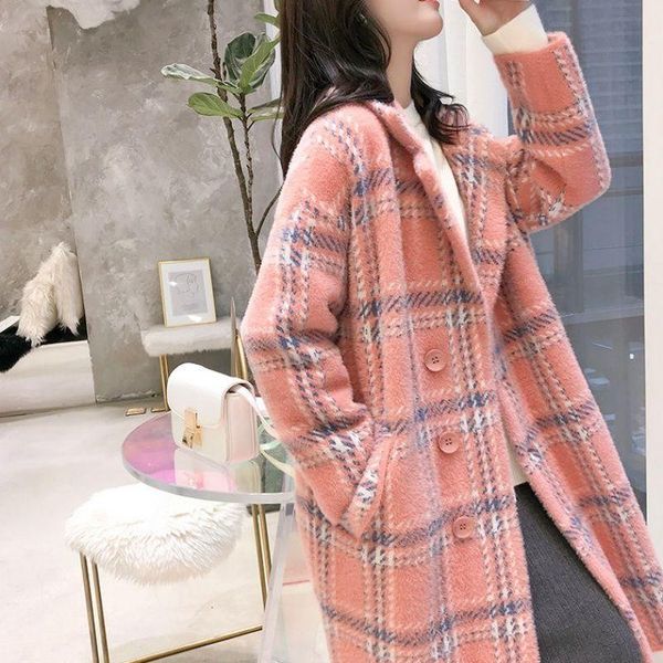 

women's wool & blends mid-length imitation mink velvet coat for fall/winter 2021 korean version loose thick woolen plaid cardigan jacke, Black
