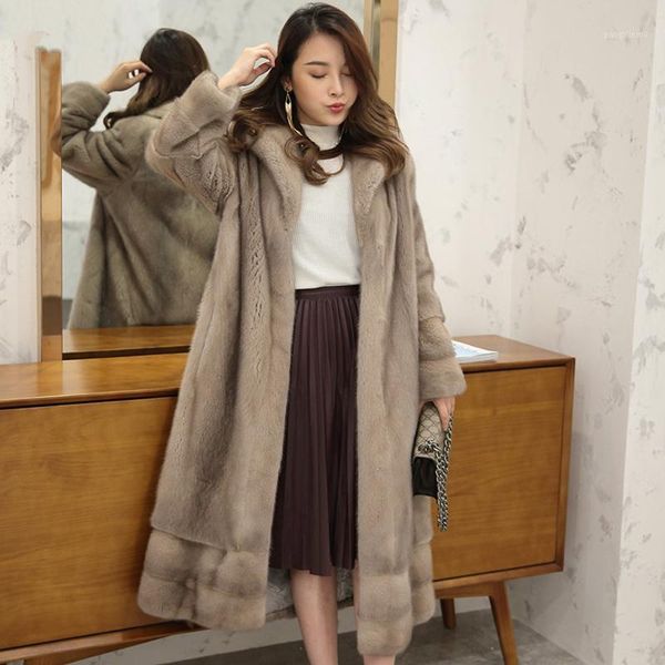 

women's fur & faux luxury real mink coat women winter thick warm natural outwear genuine leather female, Black