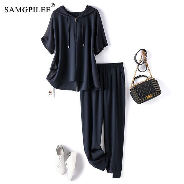 

women's two piece pants sets for women 2021 summer short sleeve casual pullover hooded collar elastic waist ankle-length solid set, White