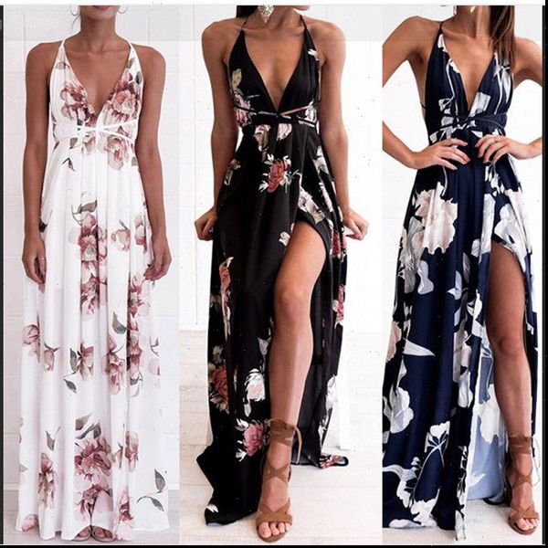 

fashion casual loose women floral long dress sleeveless evening deep v neck halter neck party summer beach sundress clothes, Black;gray