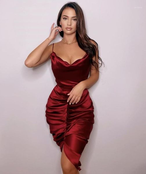 

casual dresses summer fashion spaghetti strap draped satin burgundy bodycon women dress 2021 designer evening party vestido, Black;gray