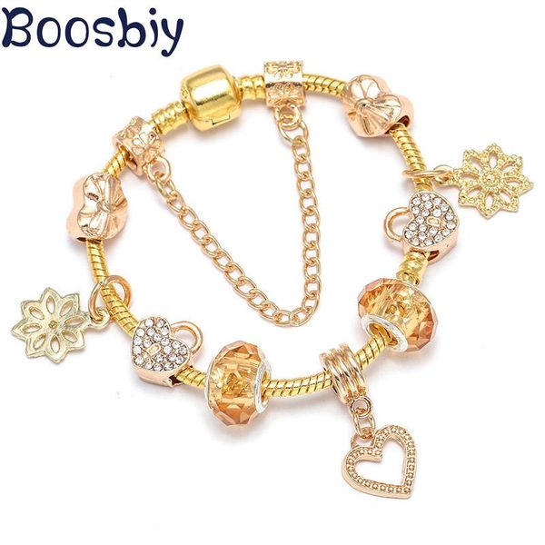 

charm bracelets boosbiy drop style gold color bracelet with heart & flower beads pendant for women jewelry gift, Golden;silver