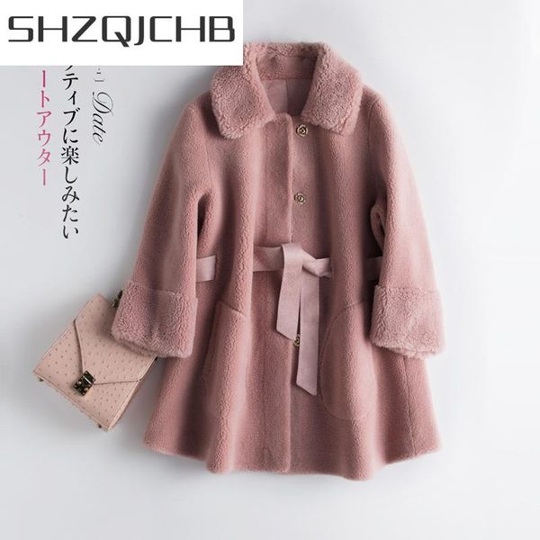 

women's fur & faux shzq elegant real coat women clothes 2021 korean fashion sheep shearing wool short jacket vintage winter hiver 858lw, Black