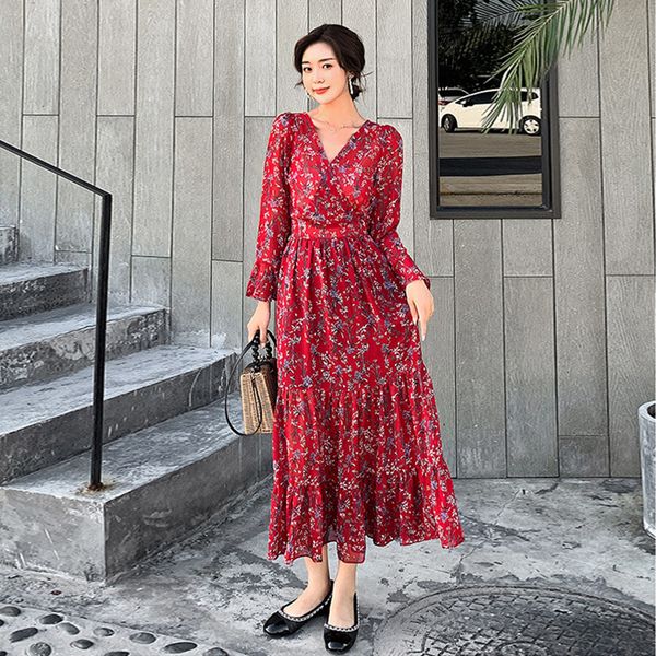 

new arrival fashion chiffon beach women elegant autumn v-neck long sleeve temperament office lady red print a-line dress 09cu, White;black