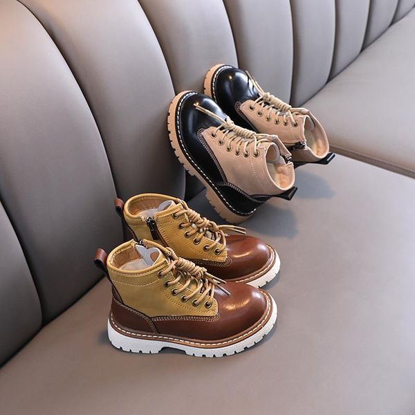 

boots winter short plush warm boys girls children genuine leather student kids shoes baby ankle casual 02c, Black;grey