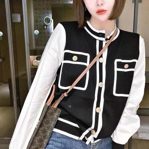 

women's jackets spring woman jacket loose temperament fake two-piece knitted cardigan design sense pocket retro contrast color top, Black;brown