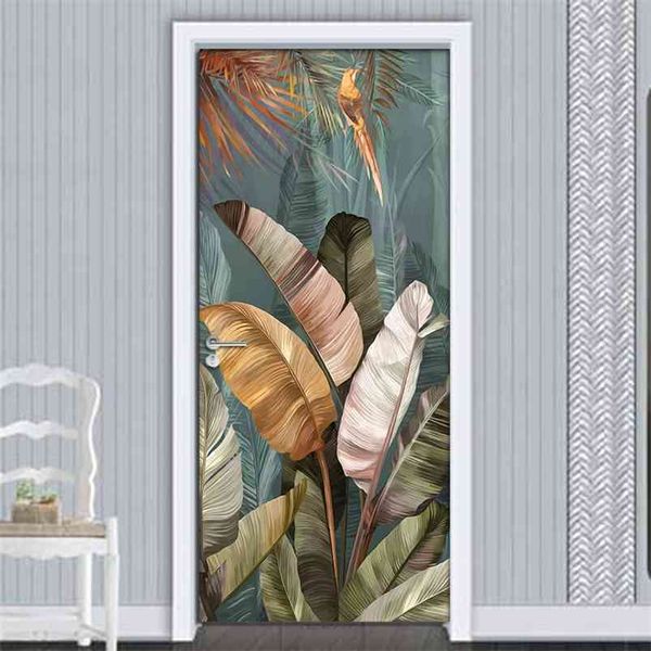 PVC impermeável auto-adesivo porta adesivos de parede decoração banana folha 3d po mural papel de parede sala de estar quarto decoração decalques de parede 210722