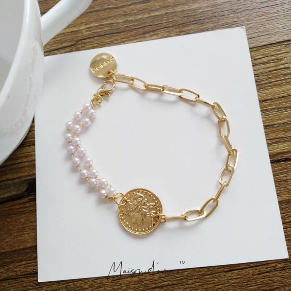 

link, chain couple bracelets ins europe style bohemia vintage gold plating coin charm pearl for women jewelry, Black