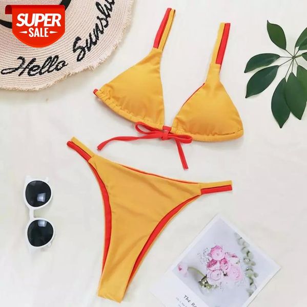 

2021 new women's swimsuits two piece swimsuit fluorescence contrast color drawstring bandage bikini sets beachwear swimwear #ew5d, White;black