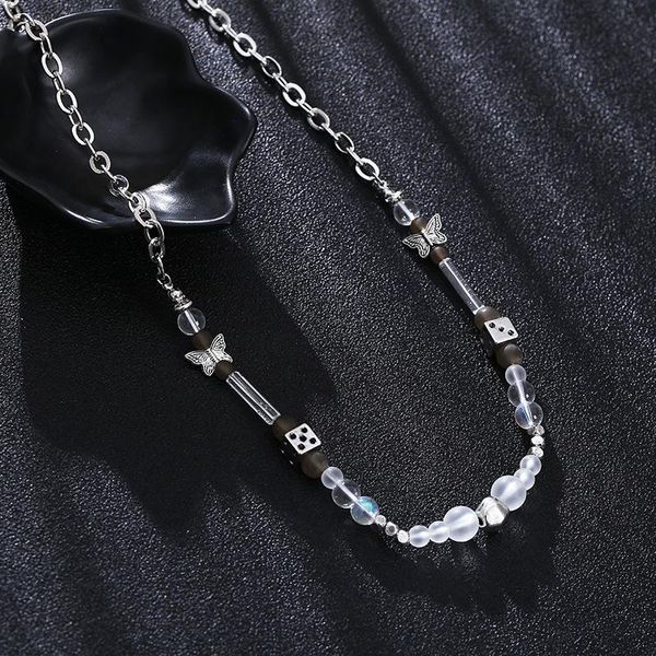 

chains luokey women men transparent beads couples necklace hiphop punk stainless steel chain butterfly dice girl charm jewelry, Silver