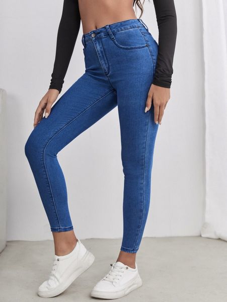 

petite solid zipper fly skinny jeans u9b2#, Blue