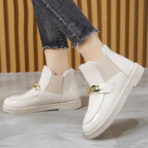 

boots leather snow women winter thick fur warm shoes sneakers 2021 ankle black white chain cotton