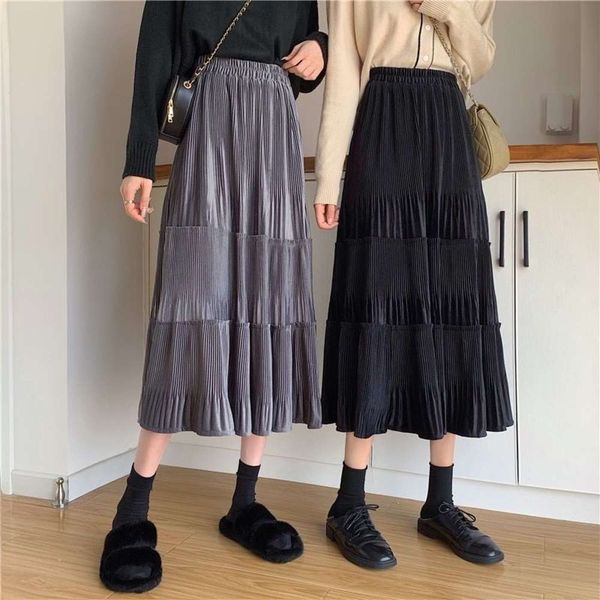 

autumn and winter long gold velvet cake pleated high waist thin versatile a-line skirt, Black;gray
