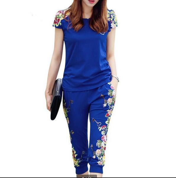 

women's tracksuits fashion flowers printed women tracksuit casual t-shirts + pants lady clothing suit size -4xl china style summer set, Gray