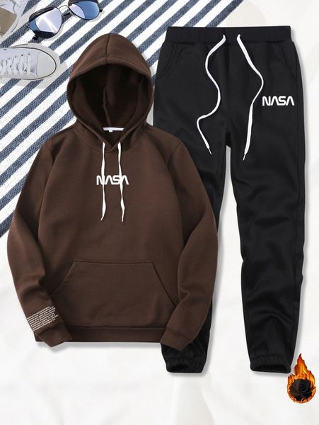 

men slogan graphic kangaroo pocket drawstring thermal hoodie & sweatpants 63ce#, Gray
