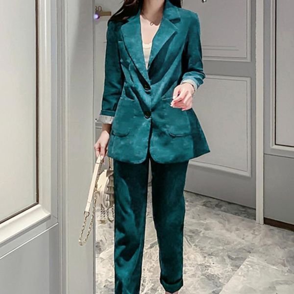 

women's two piece pants autumn women work suit business elegant coat corduroy ankle-length office lady 2 set single button winter, White