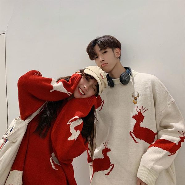 

men's sweaters 2021 couples sweater mens deer embroidery knitted pullover knit loose harajuku women oversized, White;black