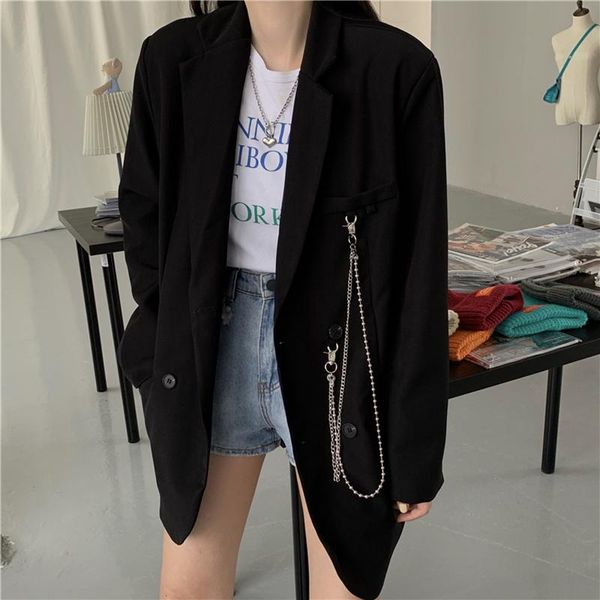 

notched vintage solid double breasted blazer coat 2021 new autumn formal casual loose chic women blazers suit jacket, White;black