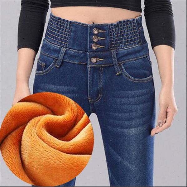 

winter fleece jeans mujer women 4 button warm denim pencil pants fashion high waist thick trousers streetpants p8552, Blue