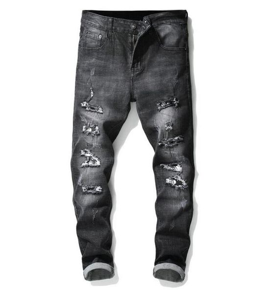 

fashion mens slim fit black skinny jeans fashion designer distressed skull patchwork denim pants streetwear bike toursers 096, Blue