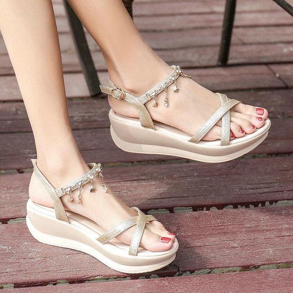 

sandals bohemian women summer shoes beach wedges peep toe gold, Black