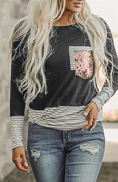 

sequines pocket t shirt long sleeve women striped patchwork tee shirts autumn casual loose female o neck t shirt, White