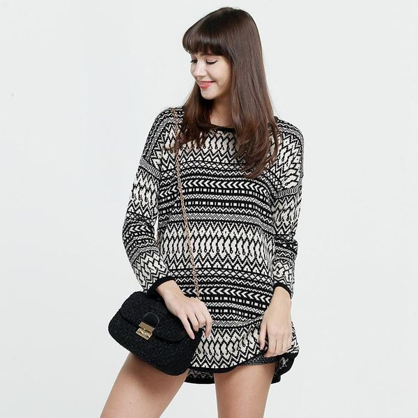 

[chens sister] autumn winter women's fashion casual black and white striped long loose o-neck sleeve pullover sweater1, White;black