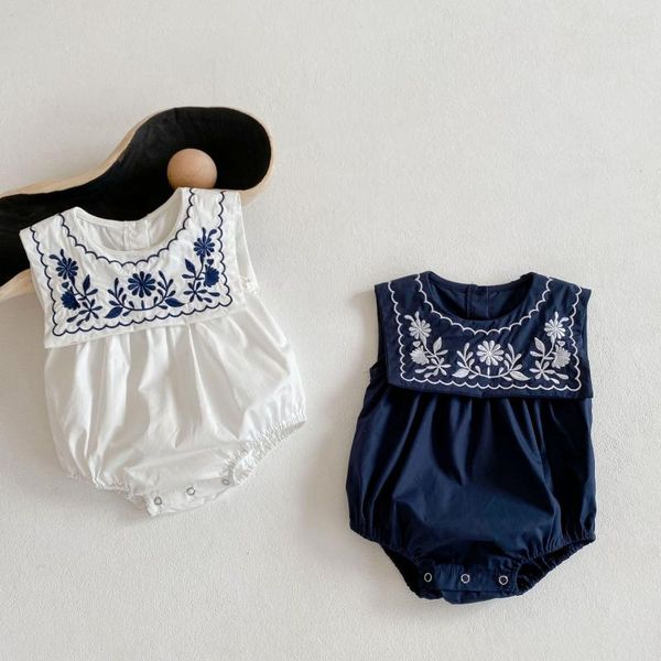 

jumpsuits summer fashion sailor collar embroidery bosyuits baby girls sleeveless cotton thin coveralls, Blue