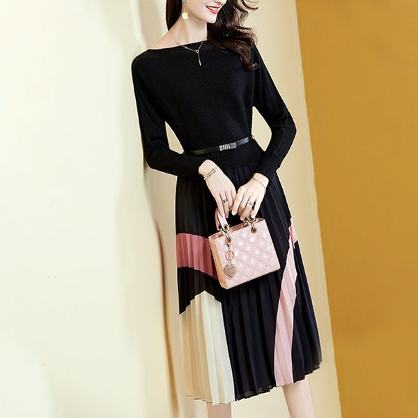 

2021 runway design fake two knitted women fall winter new half turtleneck contrast printing stitching pleated es b8gp, Black;gray