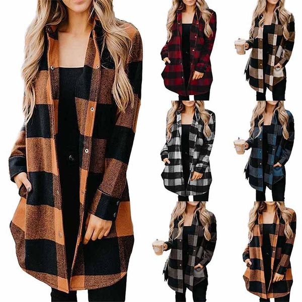 

blouse women the lapel plaid shirt women's mid-length long-sleeved spring autumn and winter jacket ladies blouses & shirts, White