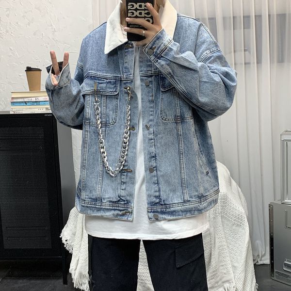 

2021 Top quality Winter Thick Chain Men's Warmth Fashion Lamb Fur Denim Jacket Men Streetwear Short Coat Mens Clothes V9UO, Black