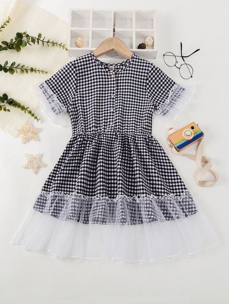

girls gingham contrast mesh ruffle trim dress she, Red;yellow