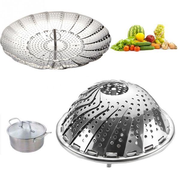 Küchenwerkzeug, zusammenklappbarer Teller, Dampfgarer aus Edelstahl, Korb mit Mesh-Gemüsekocher, erweiterbare Pannen