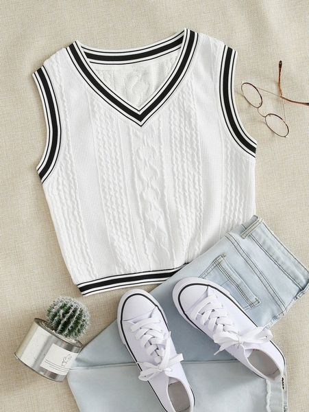 

varsity striped cropped sweater vest t8in#, White