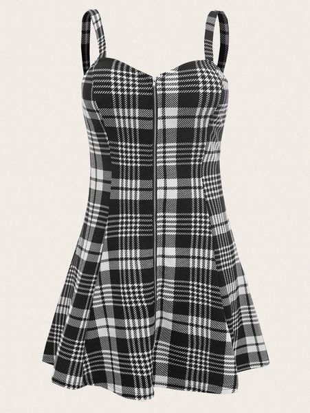 

plus plaid exposed zipper front cami dress v3av#, Black