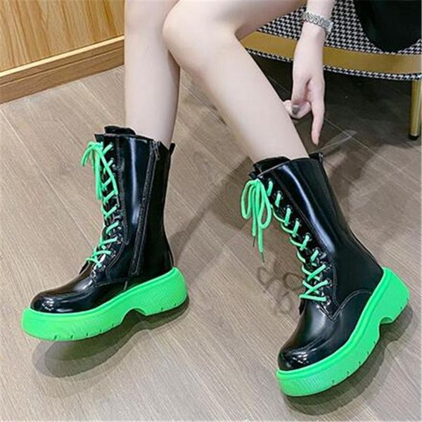 

boots 2021 autumn est women ankle fashion chunky heels booties female soft leather walking botas round toe platform sneakers, Black