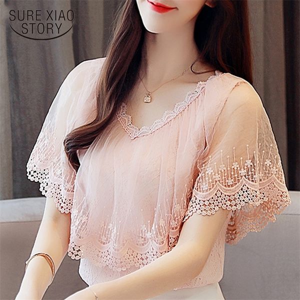

women and blouses summer lace blouse shirt fashion women blouses new 2021 short sleeve lace blusa feminina 210302, White