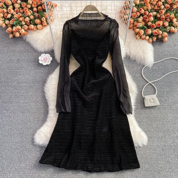 

casual dresses 2021 fall french slim spaghetti strap dress loose v-neck velvet two piece suit o-neck mesh bottomed shirt, Black;gray