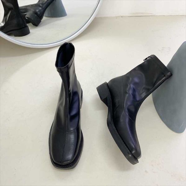 

boots lady shoes luxury designer ankle booties women ladies 2021 fashion round toe cross-tied square heel botas altas mujer, Black