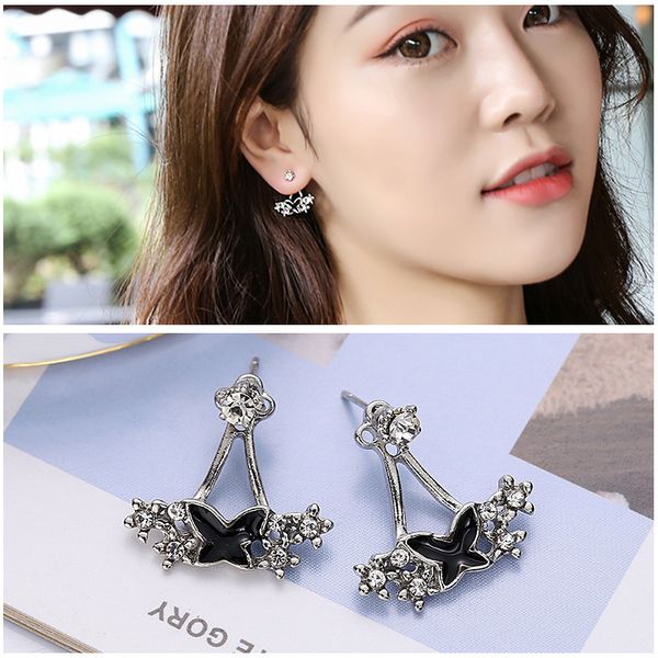 

new black and white bowknot back hanging earrings versatile simple millet earrings, Silver