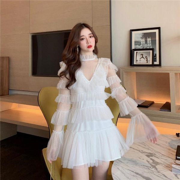 

casual dresses korean style flare sleeve hollow out v-neck mini-dress women's clothing fashion brand mesh perspective sweet beauty, Black;gray