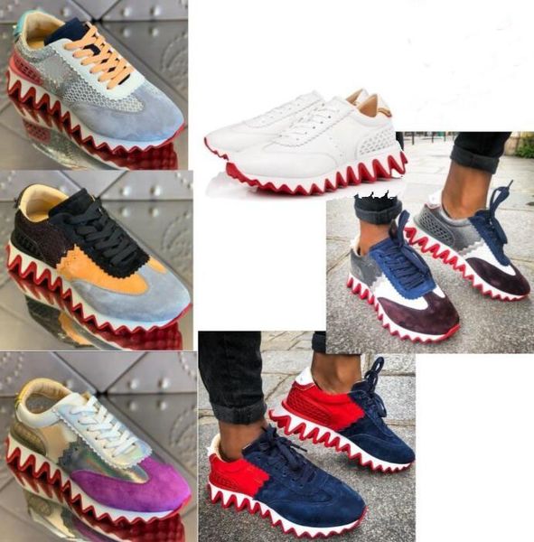 

popular couple sports shoes luxury red bottom louisshark spikes sneakers famous party,wedding casual walking shoes white black