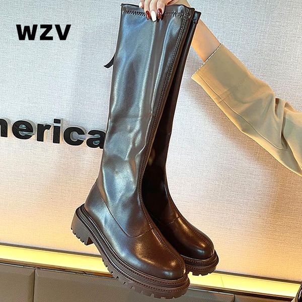 

boots women thigh high round toe leather elastic knee-high waterproof zipper non-slip female winter, Black