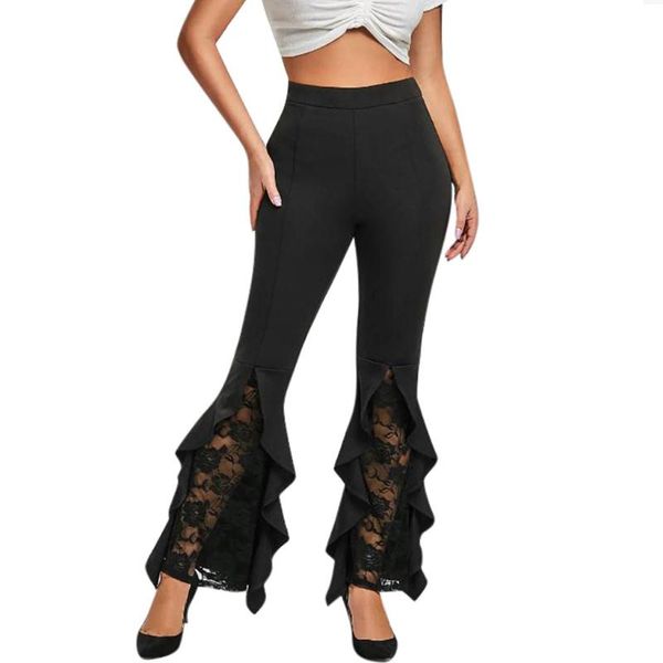 

women's pants & capris autumn winter fashion womens solid high waist lace splice ruffle flares casual bodycon hollow leggings women, Black;white