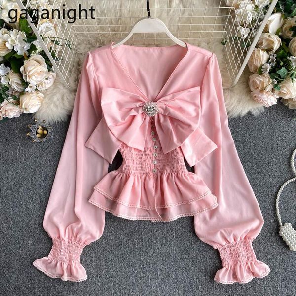 

gaganight korean fashion women blouse long sleeve solid slim office lady shirt bow collar elastic waist chic blusas crop blouses, White