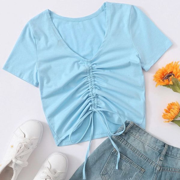 

2021 slim fit elastic v-neck front drawing cord women short t-shirt, White