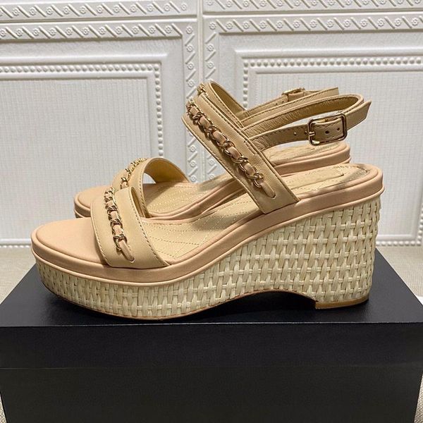 

dress shoes summer cane weave wedge high heel sandal women bohemian style metal chain decor real leather one strap buckle sandalias, Black