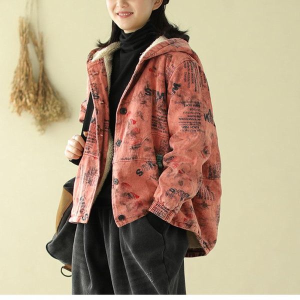 

winter parkas fashion retro women cashmere warm hooded coat new button letter print casual loose all-match fleece jackets thick, Black