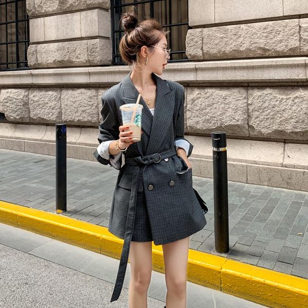 

2021 spring elegant series women blazer coat double-breasted lapel belt gray plaid short jacket office femme korean clothing, White;black